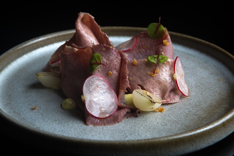 Beef tongue, onion and wasabi