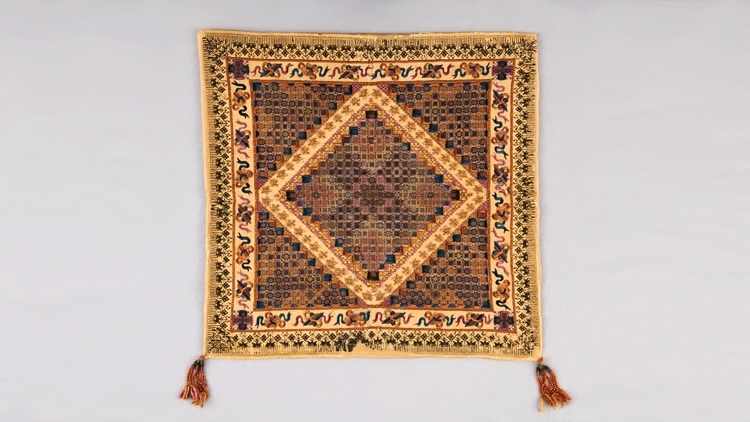 Handkerchief or tray cover. Sumatra, Palembang, 2nd half of 19th century. Silk, metal thread, glass beads, coral, 37.5 x 32.6 cm. National Museum of Singapore