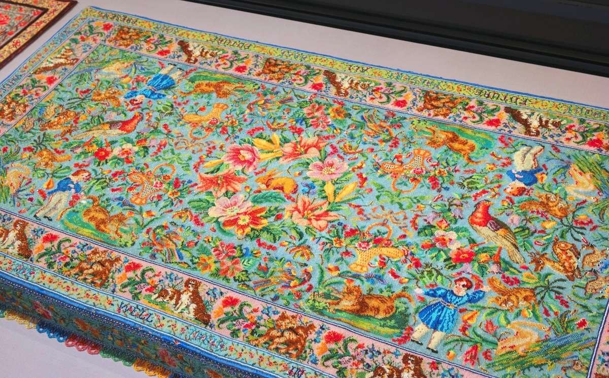Pictured: Panel, probably a table cover. Penang, around 1910. Canvas, glass beads, 100 x 60 x 8 cm. Collection of Dr Roger and Mrs Betty Mariette.