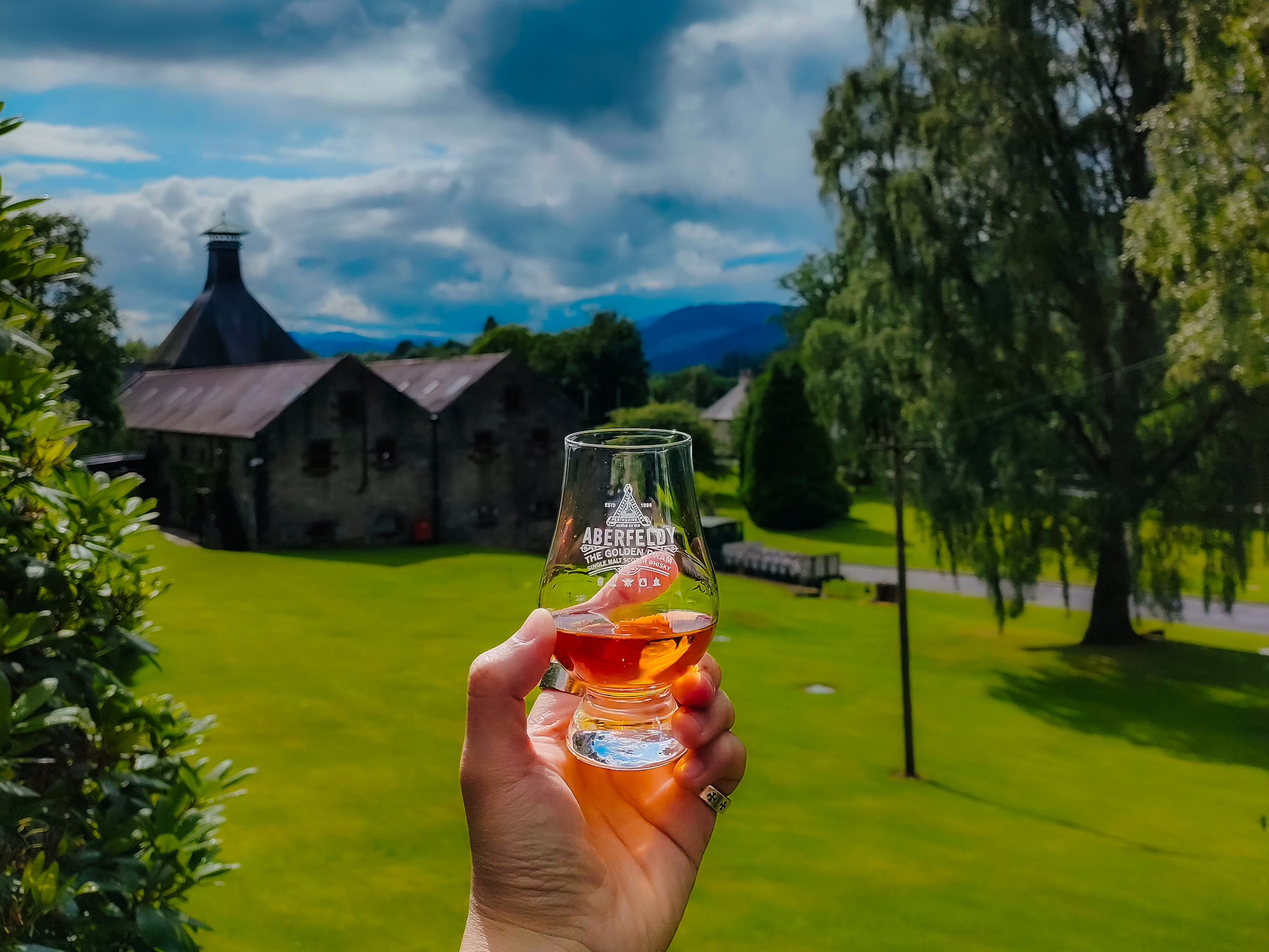 Enjoying a wee bit of whisky at the Dewar’s Aberfeldy Distillery