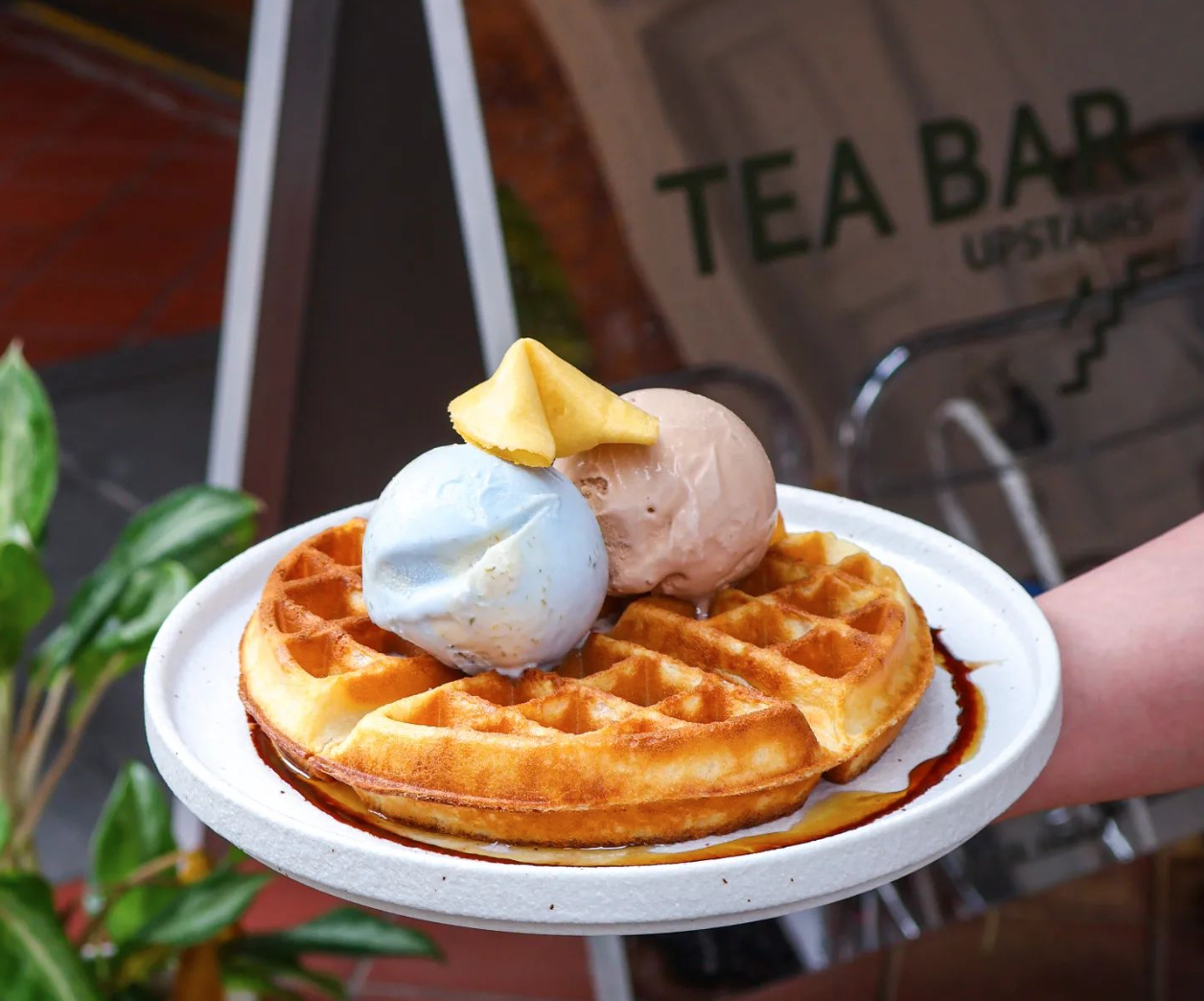 Nian Gao Waffles w/ Honey Chamomile Butterfly Pea and Tangerine Peel Pu'er