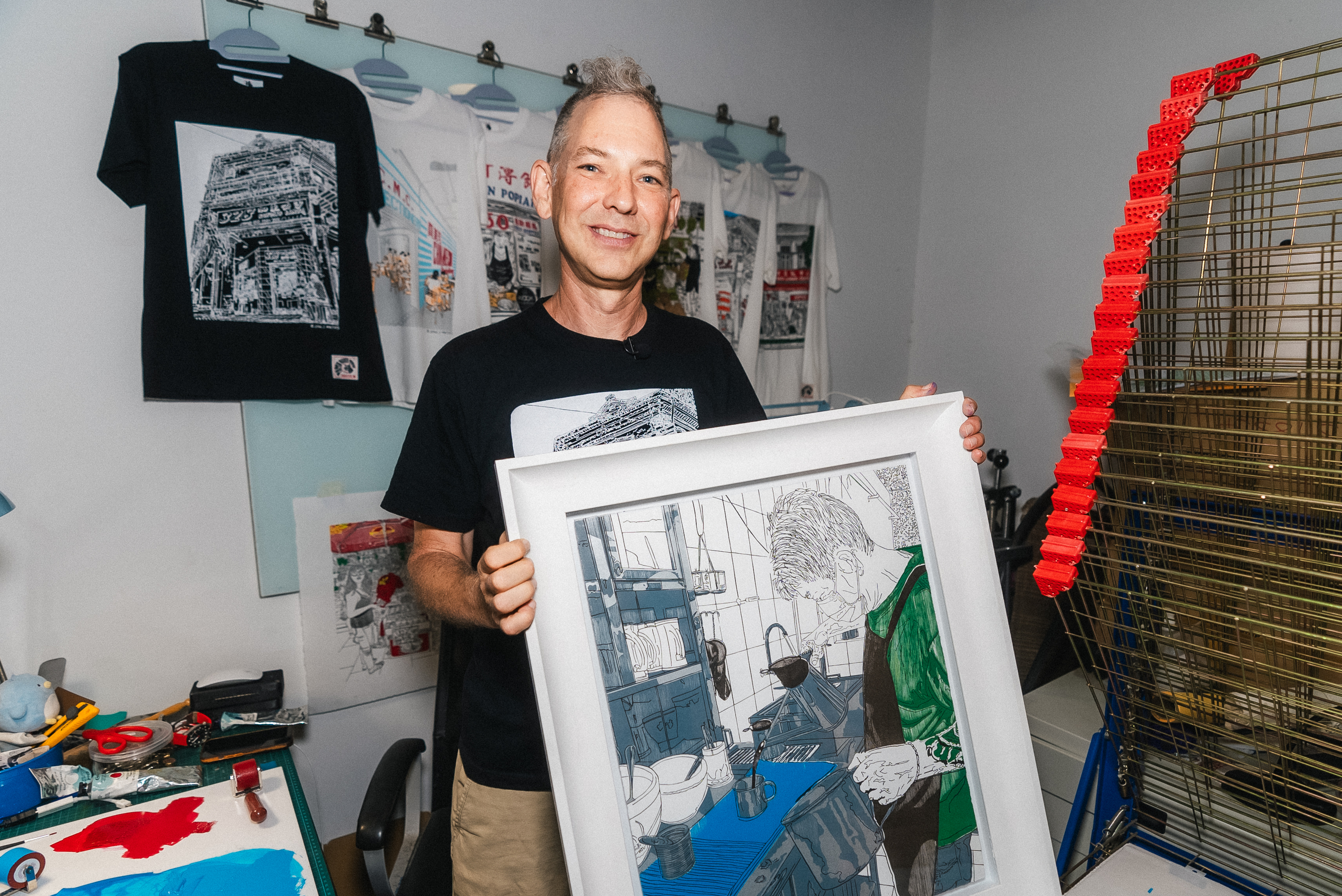 Linocut printmaker John Mathis, aka Tatsu Maker