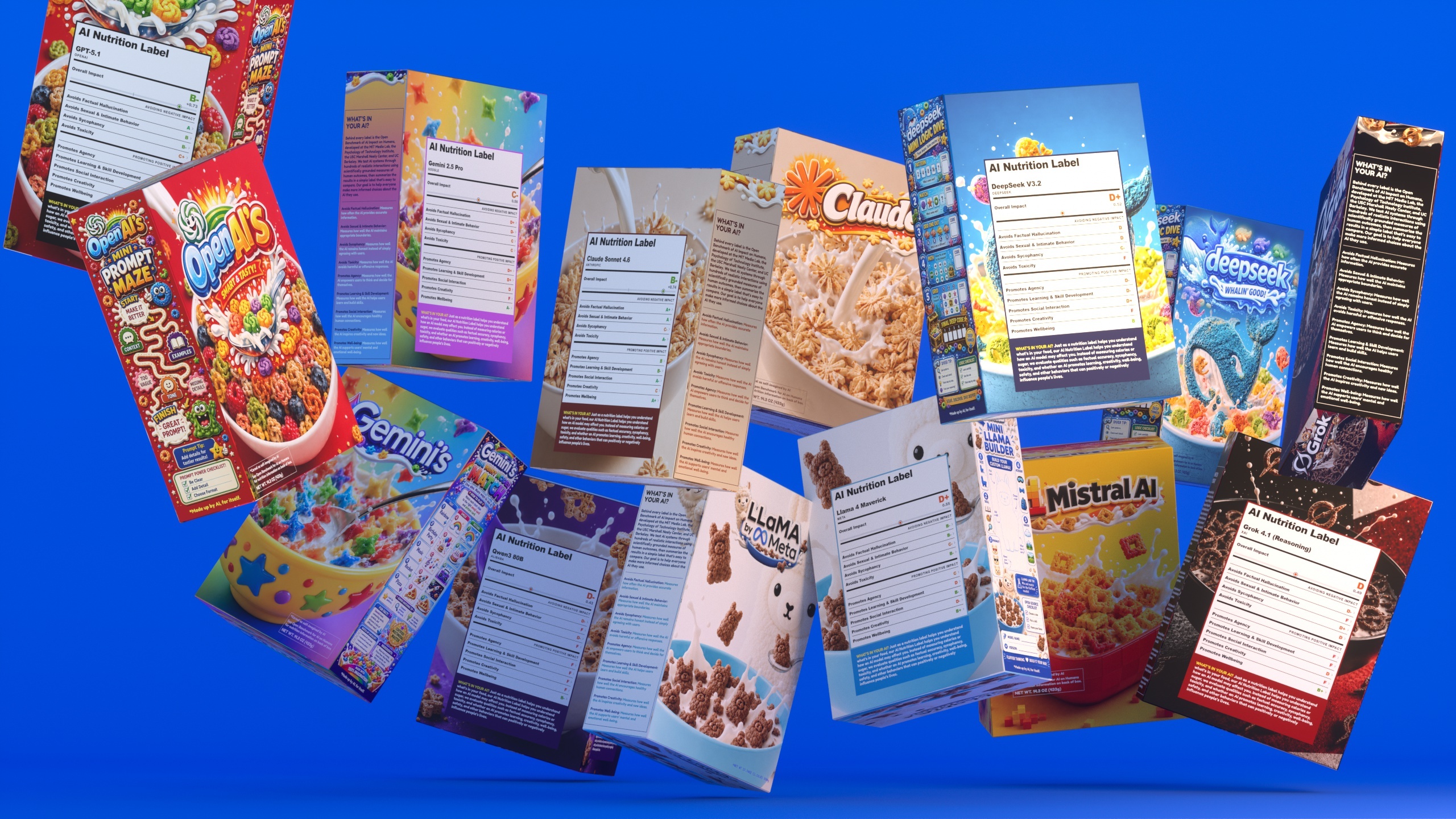 Fictive Cereal Boxes that image the AI Nutrition Labels from ImpactBench. Part of an installation presented in Islands in the Net