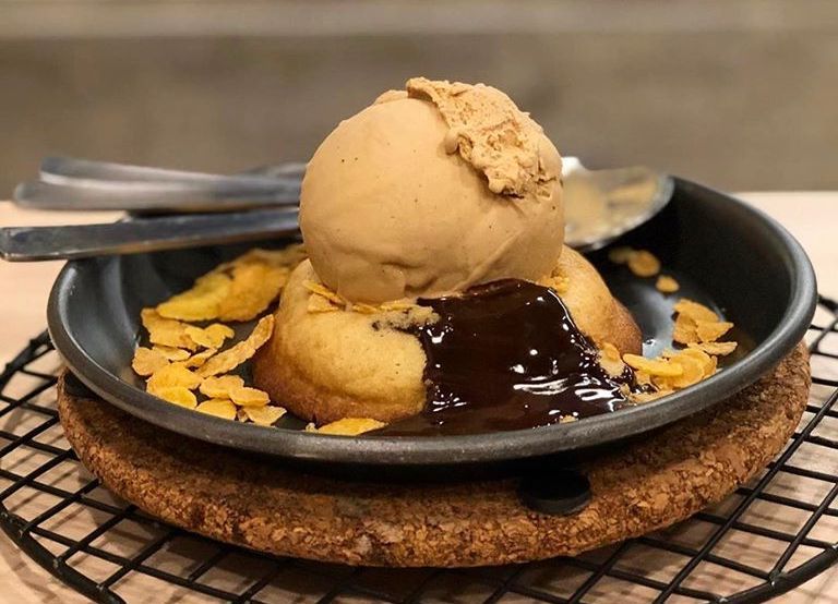 Molten lava cookie with a scoop of ice cream from Kooks Creamery